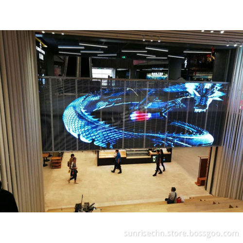 LED Display Screen with Glass Window Wall Mesh for Commercial Centers: P3.91 Transparent Flexible Solution
